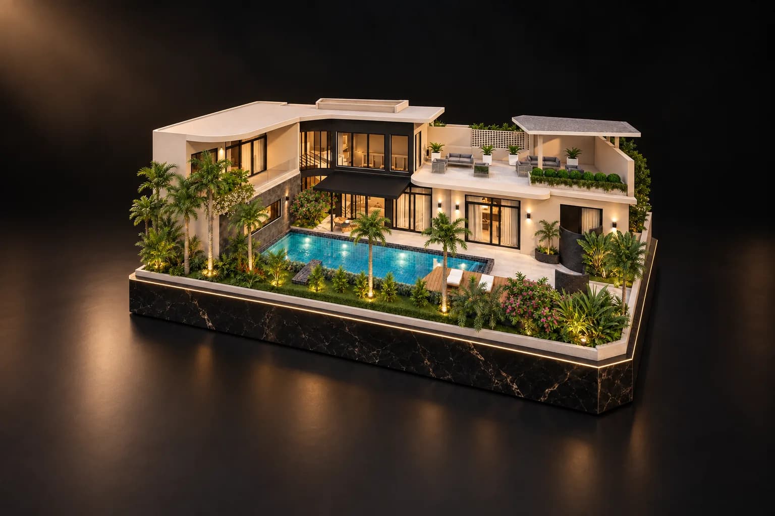 A scale model of the two-storey A86 villa at dusk on a black marble base, with its lit pool, tropical garden and rooftop terrace