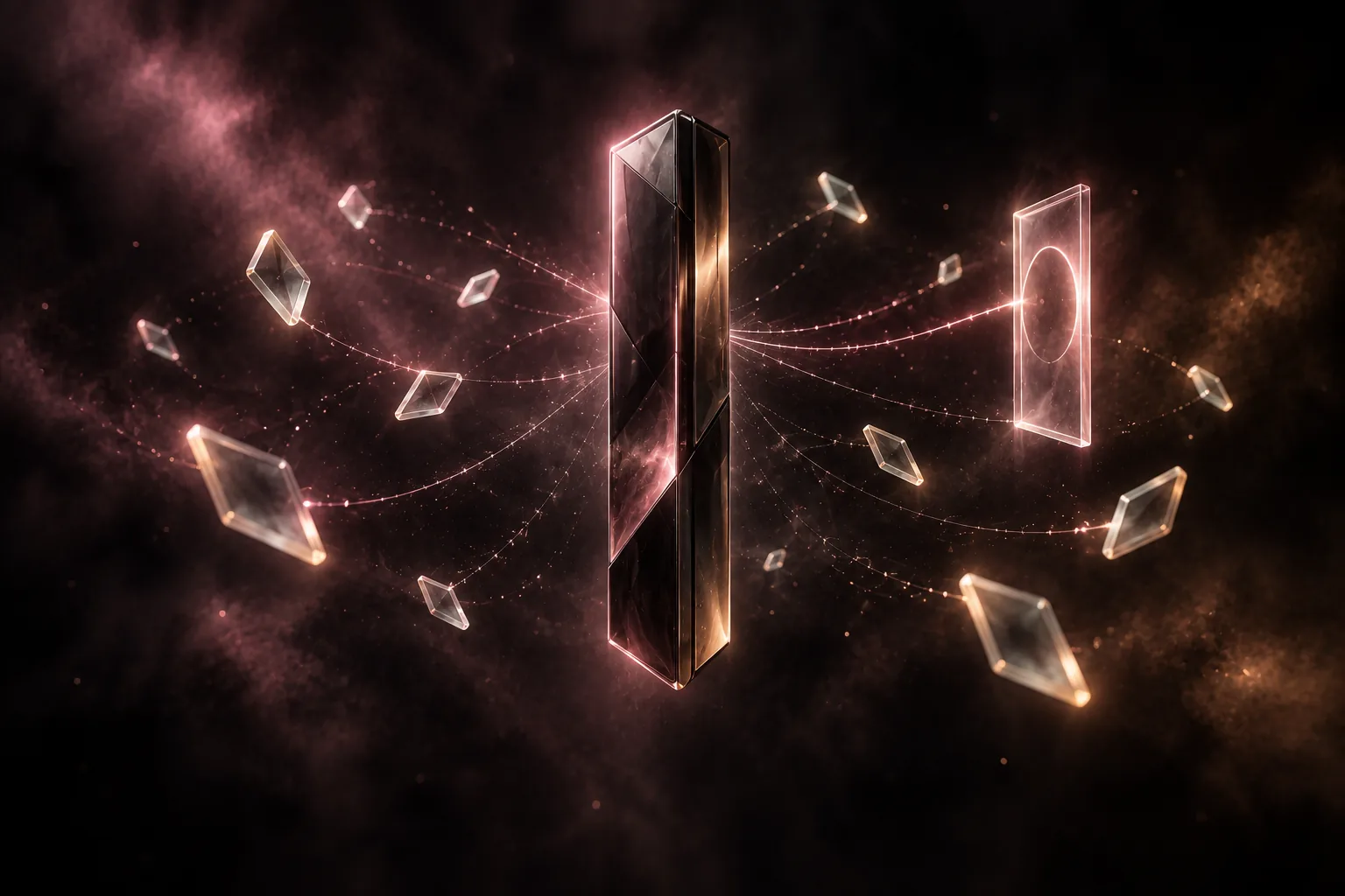 A chrome monolith sending threads of light to floating glass tokens
