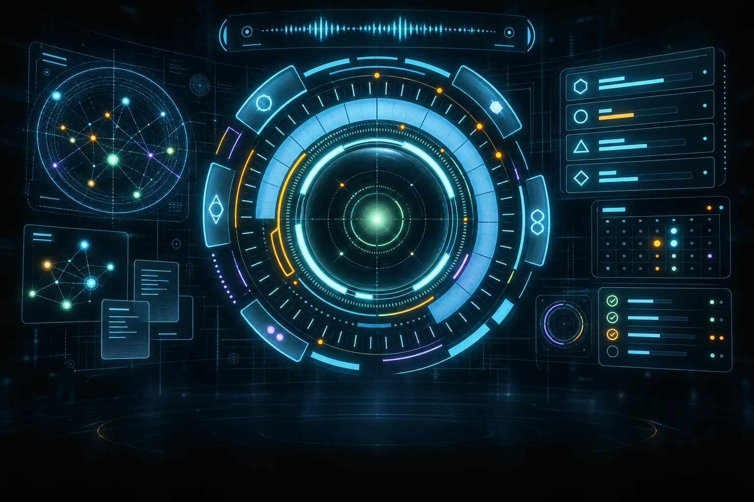 A glowing holographic control ring, flanked by panels for a knowledge graph, notes, projects, a calendar, a checklist and a voice wave