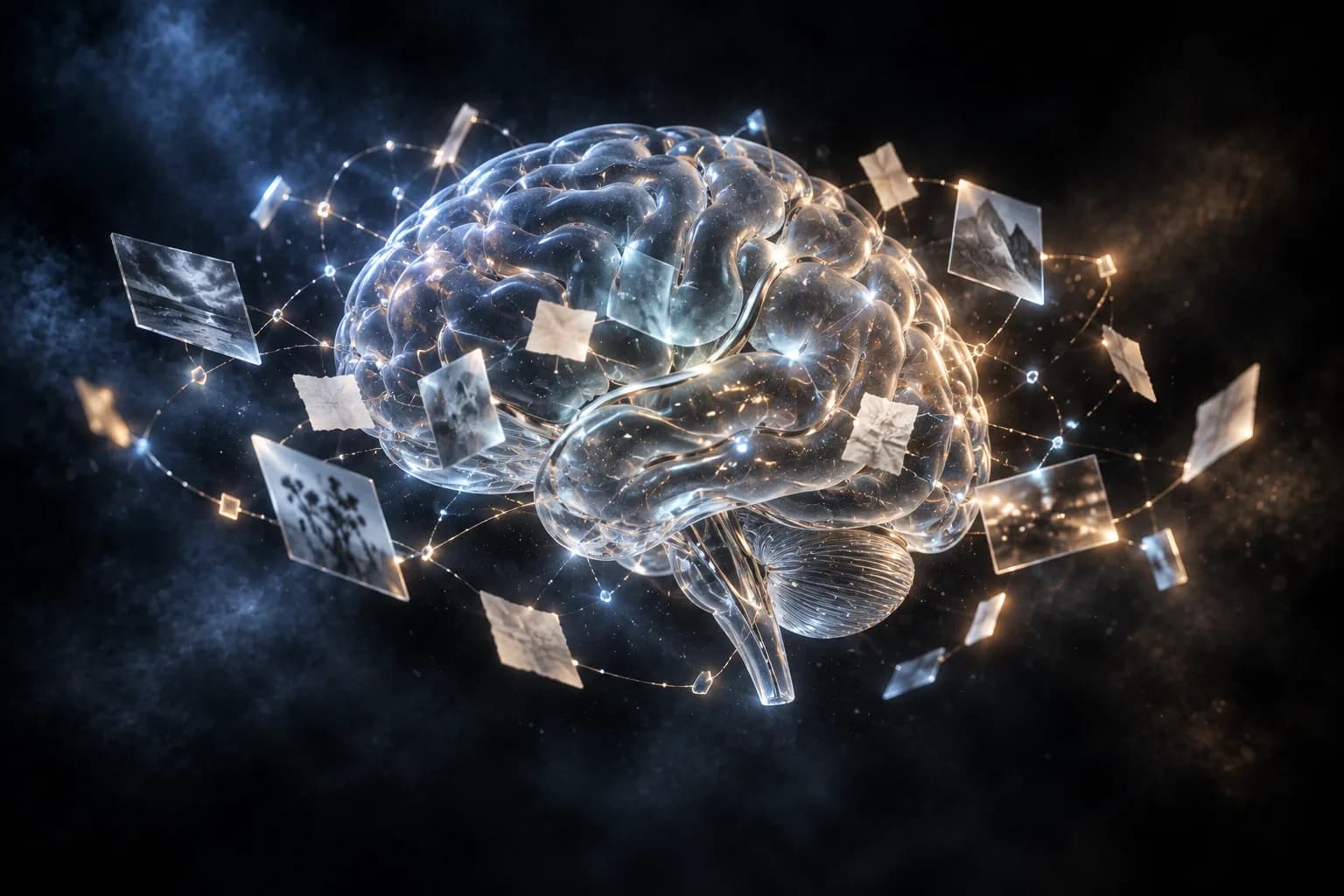 A glass brain sculpture holding clippings joined by threads of light