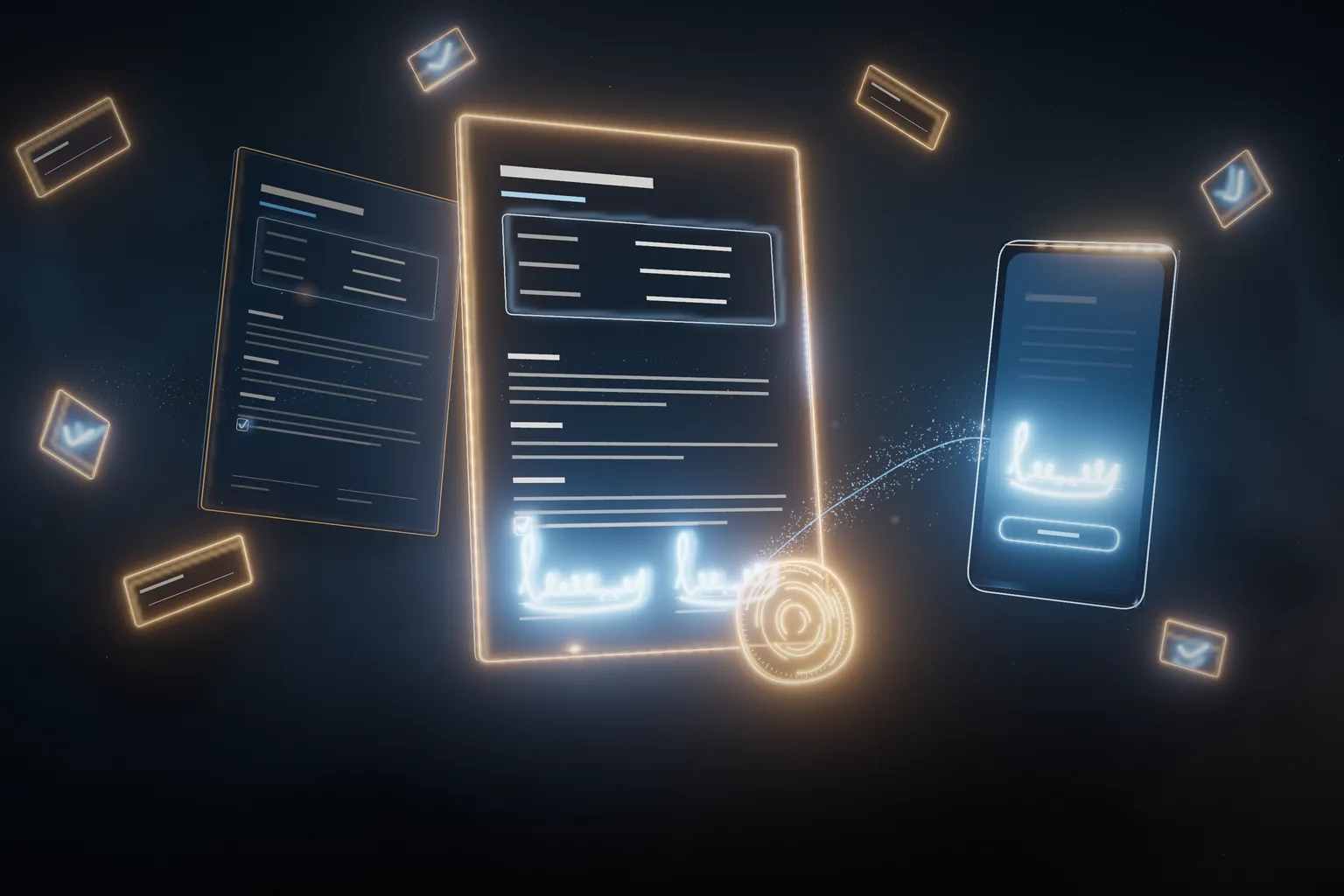 A frosted-glass agreement signed in blue light, with a glowing seal and the glass phone the signature came from