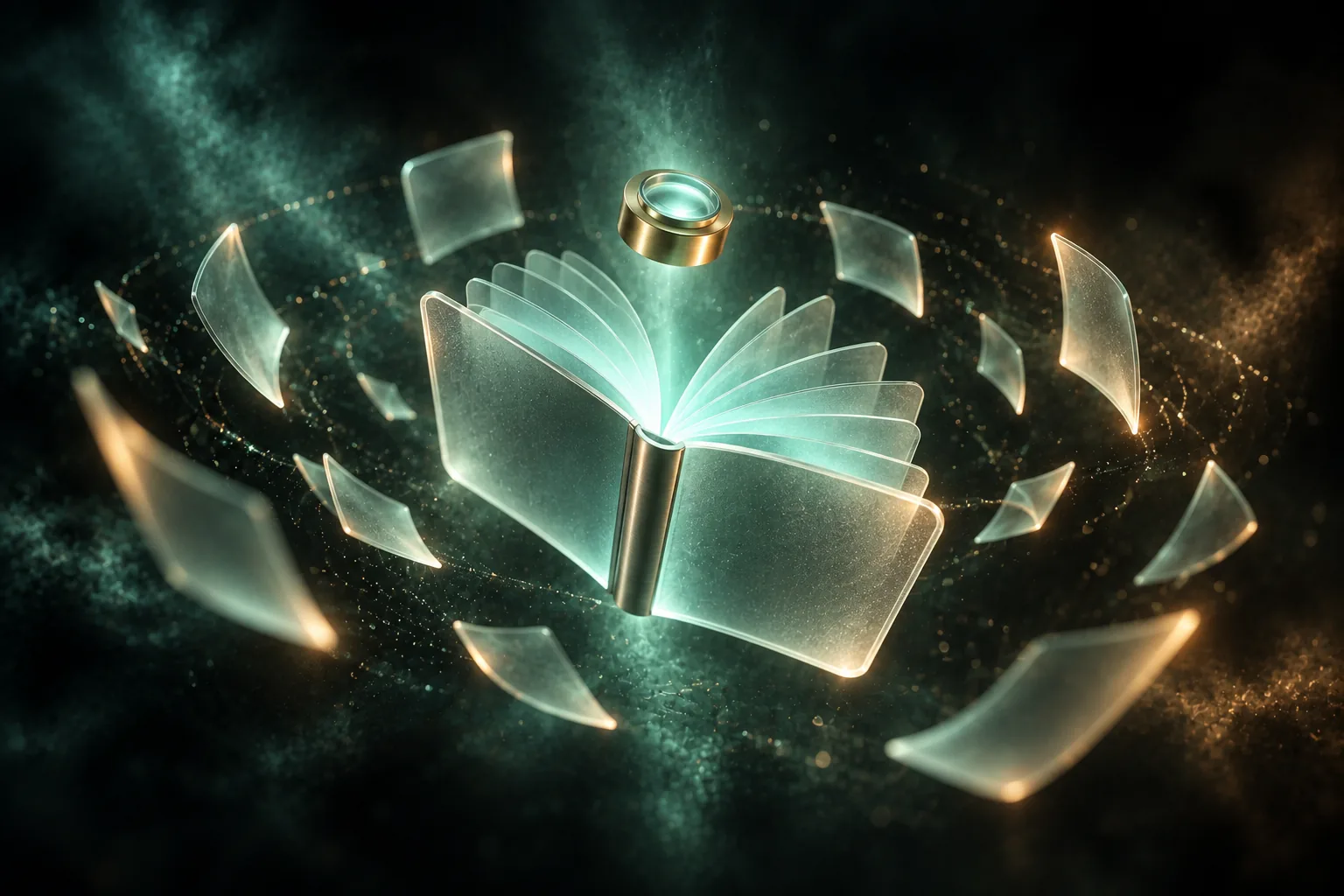 A frosted-glass passport with teal light tracing its pages